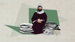 A graphic of a girl in head covering sits on floor reading a book