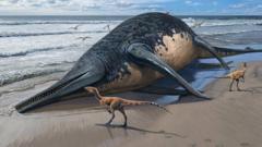 Ихтиозавр на берегу в окружении сухопутных динозавров (рисунок)