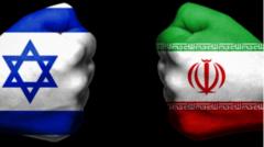 အစ္စရေးအလံနဲ့အီရန်အလံပုံဆွဲထားတဲ့လက်သီးချင်းယှဉ်ထိုးနေတဲ့ ဂရပ်ဖစ်ပုံ