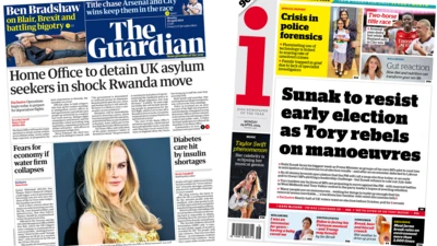 The headline in the Guardian reads, "Home Office to detain UK asylum seekers in shock Rwanda move", while the headline in the i reads, "Sunak to resist early election as Tory rebels on manoeuvres".