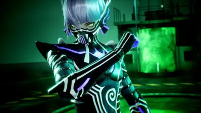 Nahobino, one of the characters in the new Shin Megami Tensei 5: Vengeance game. Nahobino is a female character with cropped silver hair and yellow eyes. She wears an extravagant black, silver and purple patterned armour, including a facemask and coverings over her ears. She has a serious expression and holds her right arm across her body defensively. She's pictured outside in a dark environment with a room filled with glowing green smoke behind her.