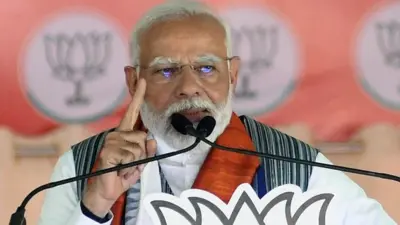 Prime Minister Narendra Modi addressing his supporters during an election rally for Lok Sabha elections at Safiabad on April 26, 2024 in Munger