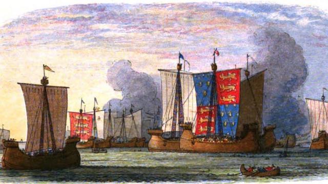 Гравюра, средневековые морские корабли под английскими и французскими флагами