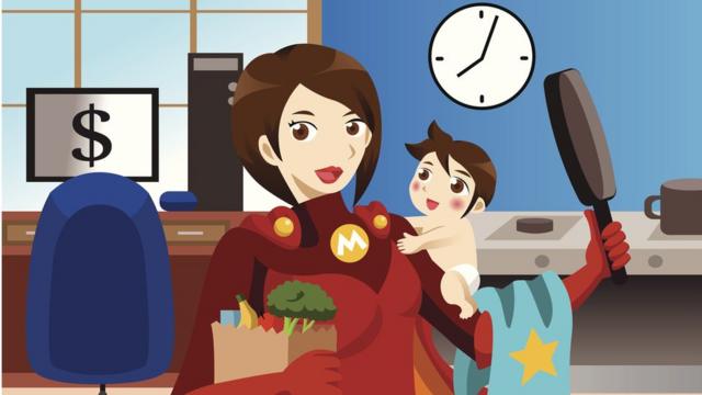 Рисунок: женщина с младенцем, компьютером и покупками