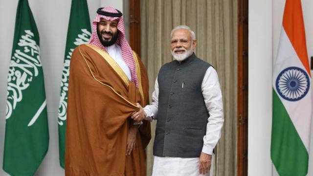 Prime Minister Narendra Modi shake hands with Crown Prince Of Saudi Arabia Mohammed Bin Salman Bin Abdulaziz Al-Saud prior to a meeting, at Hyderabad House, on February 20, 2019 in New Delhi, India.