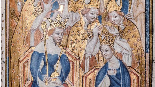 Иллюстрация из средневекового манускрипта, король и королева на троне