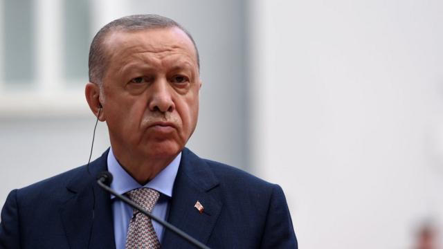Президент Турции Реджеп Тайип Эрдоган выступает на пресс-конференции в Цетинье, Черногория (28 августа 2021 г.)
