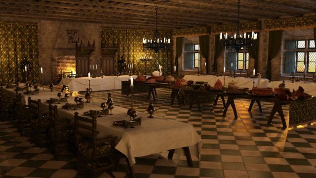 Средневековый банкетный зал со столами, составленными каре, бвумя тронами во главе и свечами