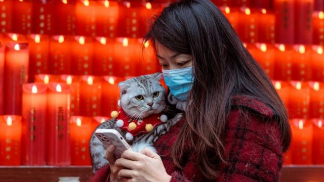 Женщина с котом в шанхайском храме в первый день нового года кролика по китайскому календарю