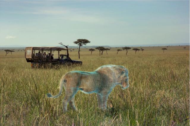 Абстрактне зображення туристів на африканському турі сафарі, що дивляться на голографічне зображення лева