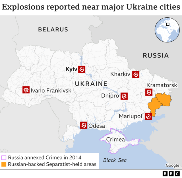 Map showing explosions in Ukraine