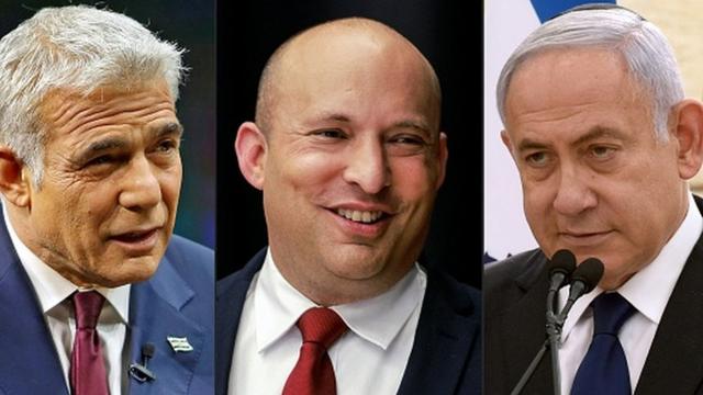 Слева направо: Яир Лапид, Нафтали Беннет, Биньмин Нетаньяху