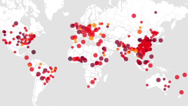 A map of outbreaks across the world as of this week, recorded by HealthMap.org