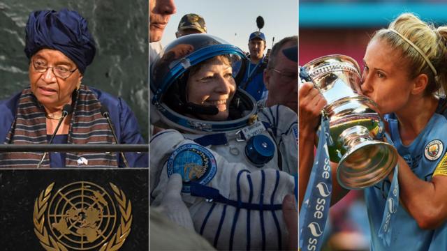 Президент Либерии Джонсон-Серлиф, американский астронавт Пегги Уитсон и английская футболистка Стефани Хьютон