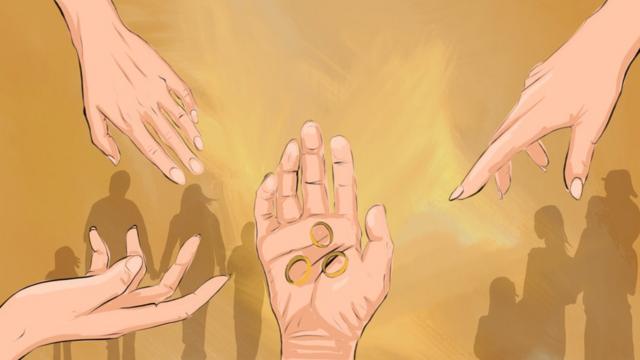 Рисунок: три кольца на мужской руке, к которым тянутся женские руки