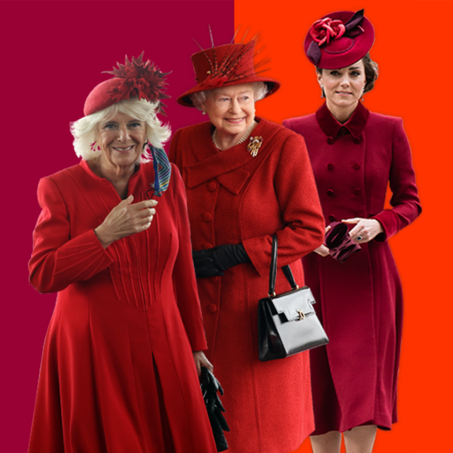 Queen Elizabeth II, Camilla Duchess of Cornwall and Catherine, Duchess of Cambridge all wearing red outfits
