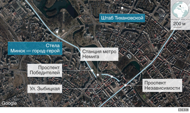Протесты в Минске, карта