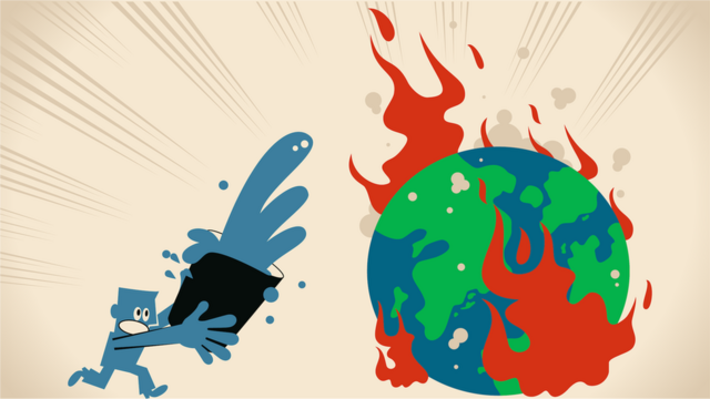 Графика, карикатура человека, который пытается залить водой горящий земной шар