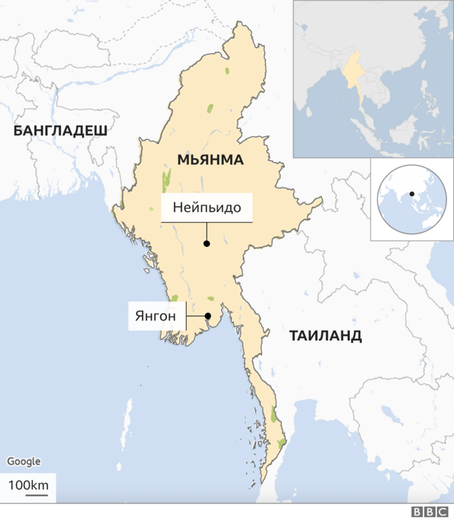 На карте Мьянмы отмечены города Янгон и Нейпьидо