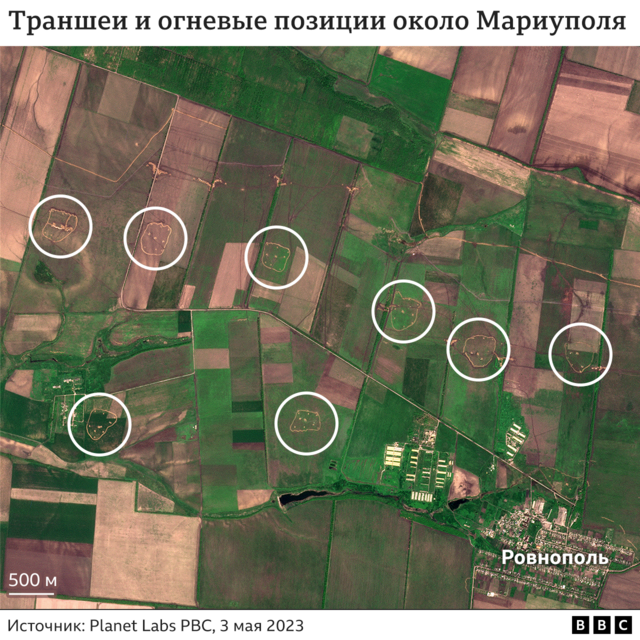 Спутниковый снимок местности за пределами Ровнополя с выделенными земляными укреплениями для 8 артиллерийских позиций.