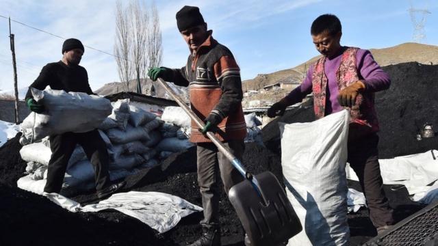 Мужчины грузят уголь в Кыргызстане