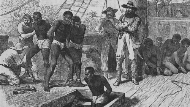 Иллюстрация с темнокожими рабами на корабле