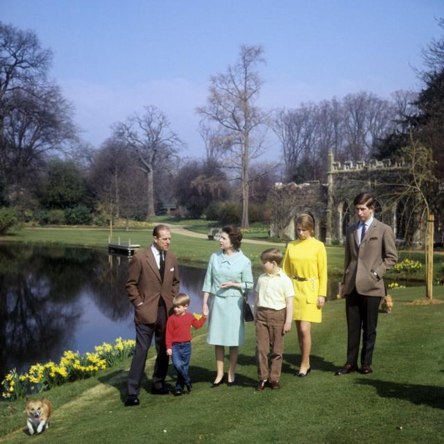 The Royal Family in the grounds of Frogmore House, Windsor, Berkshire. Left to right: Duke of Edinburgh, Prince Edward, Queen Elizabeth II, Prince Andrew, Princess Anne, and Prince Charles.