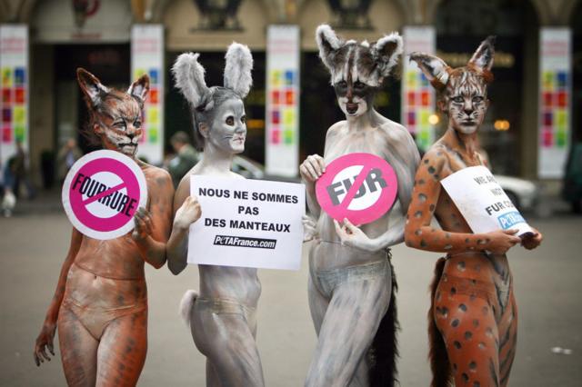 "Нет меху". "Мы не шубы" - Протесты защитников прав животных в Париже против использования меха модными домами. 2007 год