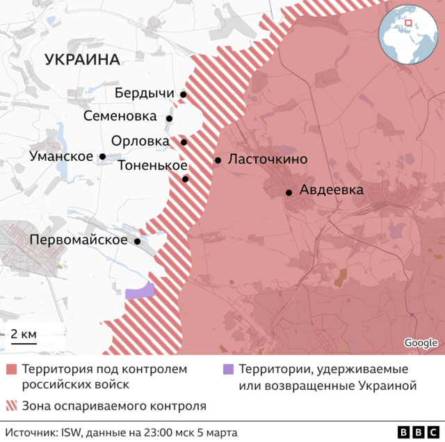Карта боевых действий в районе Авдеевки