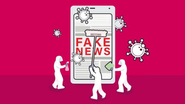 Graphic shows a mobile phone with "fake news" on it being cleaned by tiny cleaners.