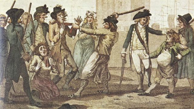 Карикатура XVIII века. Вербовщики забирают нищих и калек
