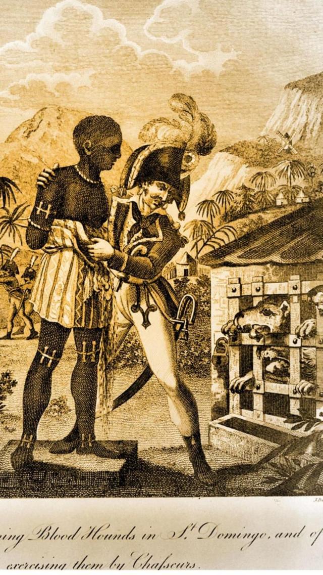 Gravure d'un croquis du soldat britannique Marcus Rainsford montrant comment les chiens de chasse étaient dressés à Saint-Domingue avec des esclaves, 1791-1803.