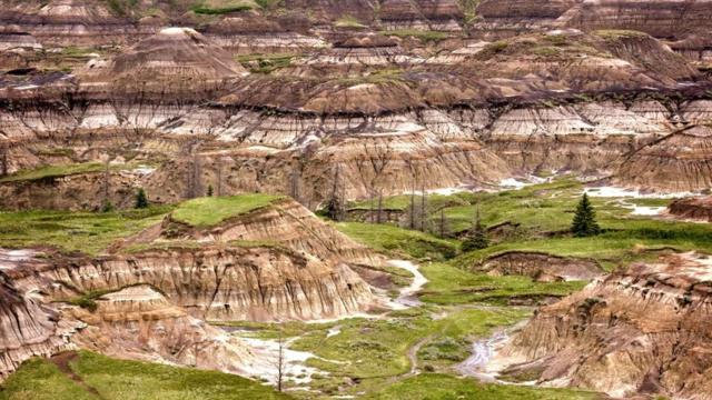 Бедленд в Канаде: песок и грязь надежно погребли кости, поэтому это место - одно из любимых у охотников за останками динозавров