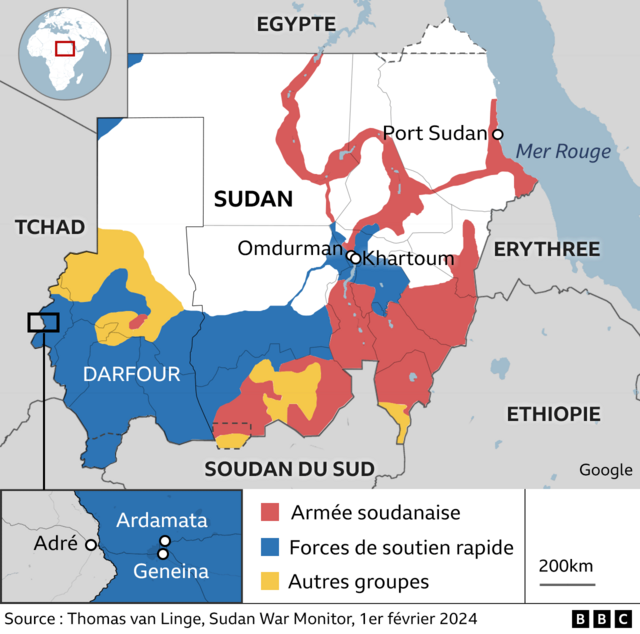 Carte montrant les emplacements de Khartoum, Omdurman, Port Soudan et Ardamata et Geneina au Darfour, ainsi que les zones de contrôle de l'armée soudanaise et de la RSF.