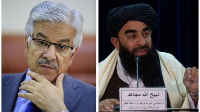 ذبیح‌الله مجاهد، سخنگوی طالبان و خواجه آصف، وزیر دفاع پاکستان