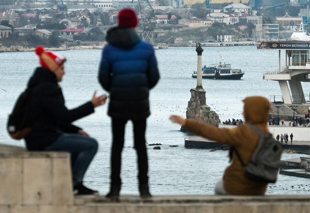 SEVASTOPOL, RUSSIA - FEBRUARY 3, 2018: A view of the Sevastopol Bay and a monument to sunken ships from Cape Khrustalny.