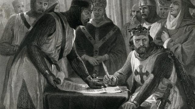 Король Иоанн подписывает Великую хартию вольностей. Гравюра XIX века