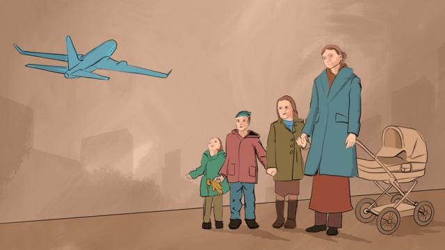 Рисунок: Женщина с детьми смотрят на улетающий самолет