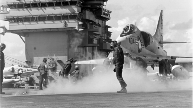 US fighter takes off from aircraft carrier in Gulf of Tonkin, 1967