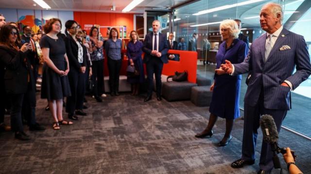 Принц Чарльз и герцогиня Корнуольская беседуют с журналистами Всемирной службы Би-би-си.