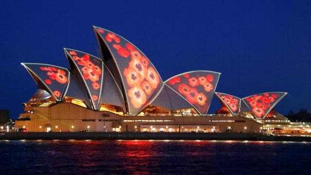 Проекция красных маков на крыше Сиднейского оперного театра