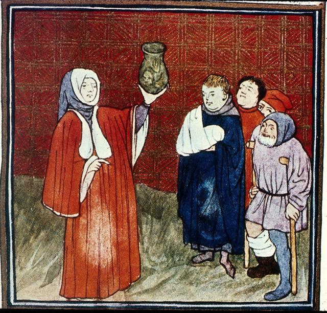 Врач держит горшок с мочой. Средневековый манускрипт.