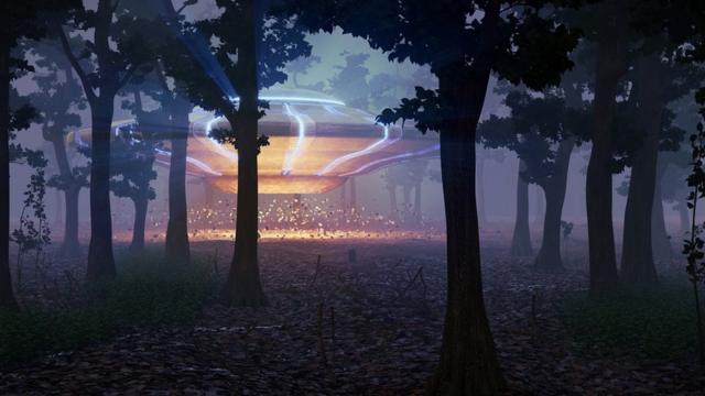 An artist's impression of a flying saucer in a wooded area.