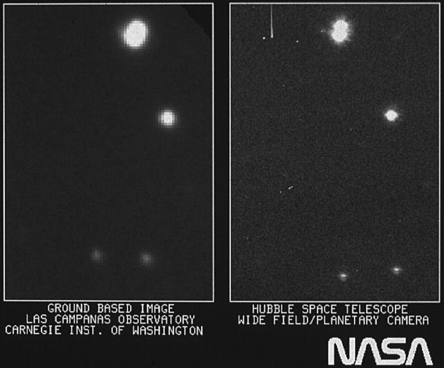 "Первый свет": слева — снимок с наземной обсерватории Лас-Кампанас в Чили; справа — первый снимок "Хаббла" с орбиты.