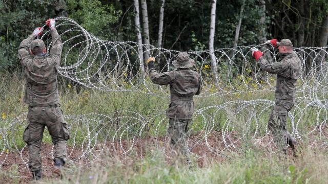 Польские солдаты протягивают колючую проволоку на границе с Беларусью