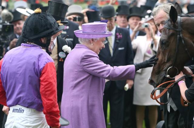 Королева Елизавета II гладит свою лошадь Эстимейт после того, как она выиграла Золотой кубок в Аскоте в 2013 году.