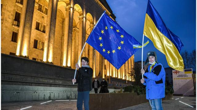 Мальчики держат флаги Украины и ЕС у парламента Грузии