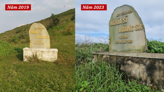 Viên đá đầu tiên của Khu tượng đài nghĩa sĩ Hoàng Sa ở Lý Sơn, cỏ mọc um tùm và có dấu hiệu xuống cấp vào năm 2023