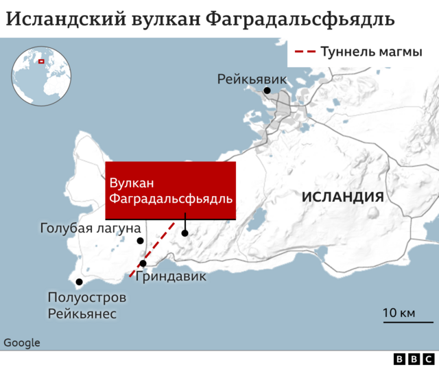 Вулкан Фаградальсфьядль на карте Исландии 