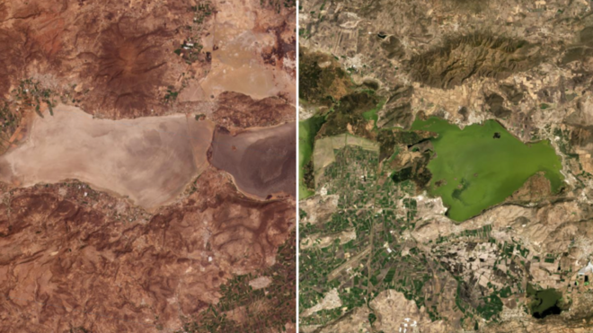 Lago Cuitzeo, en Michoacán en 27 de marzo del 2021 y en 27 de marzo del 2020